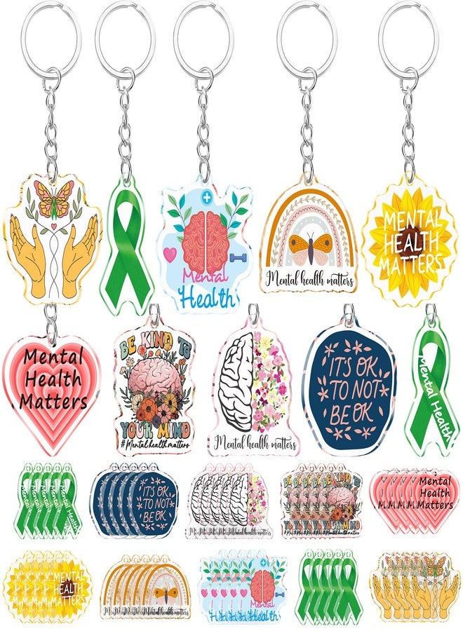 Remuuly 50 Pcs Mental Health Gifts for Women Healthy Keychain Gifts Acrylic Green Ribbon Inspirational Key Ring for Women Men - Image 1
